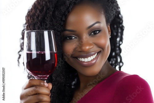 Smiling Woman Holding a Glass of Red Wine, Celebrating with a Toast and Radiating Joy, Perfect for Celebrations, Gatherings, and Social Events in a Bright Setting photo