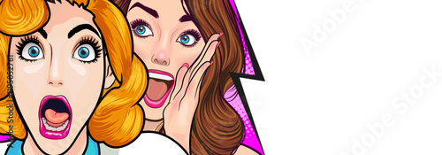 Woman whispering gossip or secret to her friend surprise In Retro Vintage Pop Art Comic