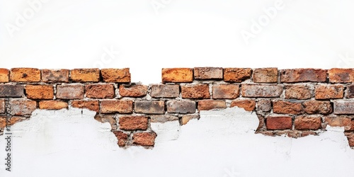 Textured brick wall with exposed unpainted sections on a clean white background, featuring reddish-brown tones and irregular placements of bricks. photo