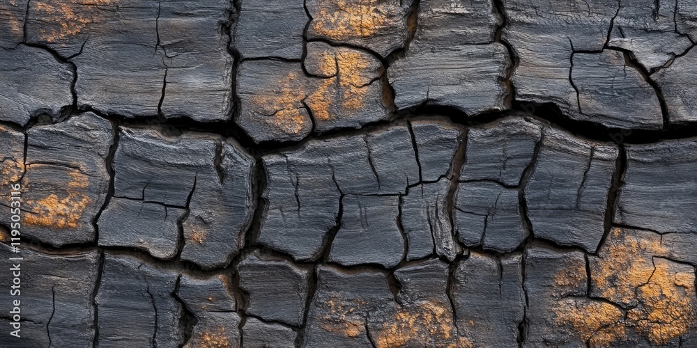 Burnt wood texture with deep black and dark gray cracks, featuring orange highlights and ample copy space for design applications