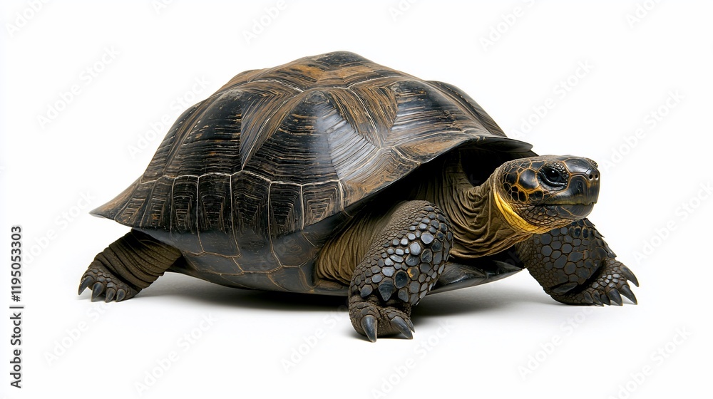 Obraz premium A dark-shelled tortoise on white background.
