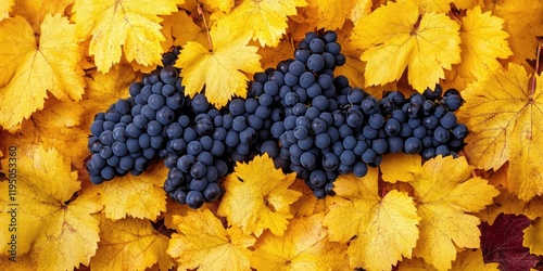 Rich clusters of Bonarda or Douce noir grapes arranged on vibrant yellow autumn leaves in vineyards with ample copy space above and below. photo