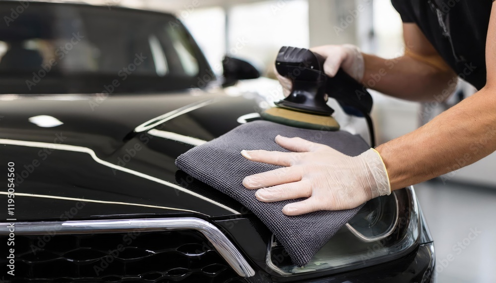 Fototapeta premium Hands of professional car service worker polishing black luxury car hood in auto repair shop 