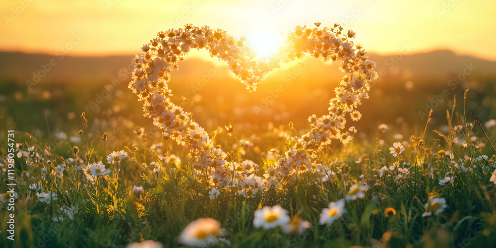 Fototapeta premium heart shaped arrangement of wildflowers glows in golden sunlight of serene meadow, evoking warmth and love in natural setting