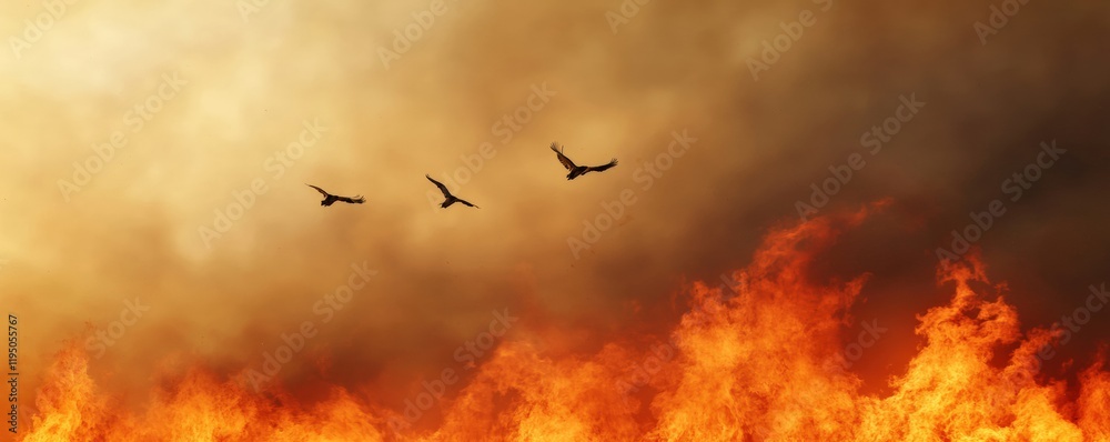 Fototapeta premium A dramatic scene depicting three birds flying over a fiery landscape against a smoky sky, symbolizing resilience amidst chaos.
