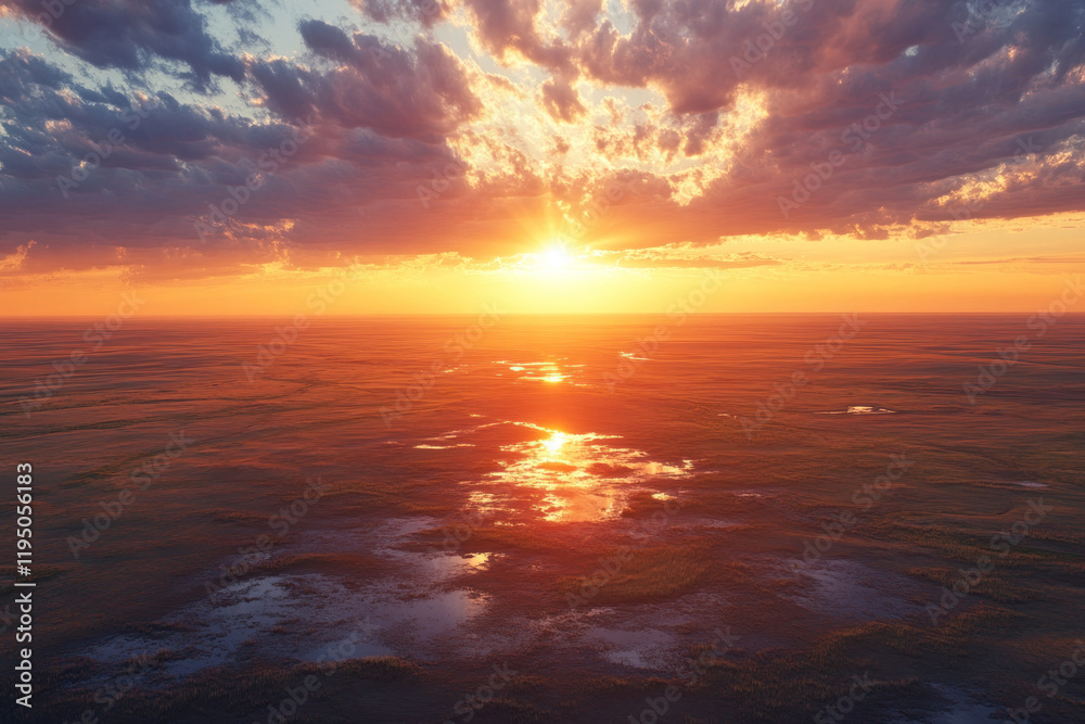 Obraz premium Vivid sunset paints the sky over the ocean, casting golden hues on rippling water and soft clouds, creating a serene and breathtaking scene.