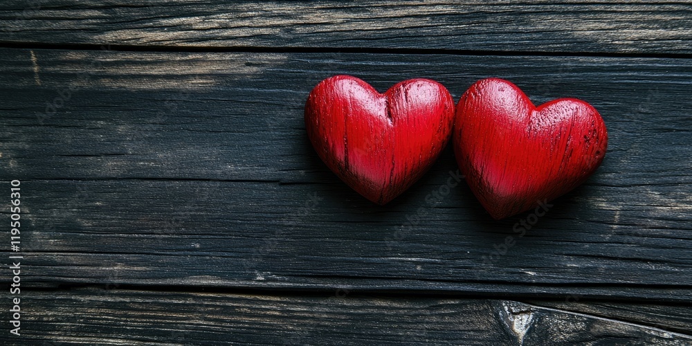 Romantic red wooden hearts positioned close together on textured dark wood background symbolizing love and affection for Valentine's Day Romantic red wooden hearts positioned close together on textured dark wood background symbolizing love and affection for Valentine's Day