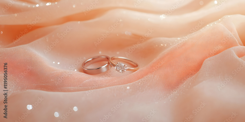 Fototapeta premium Elegant wedding rings resting on soft pastel fabric with sparkling details, creating romantic and dreamy atmosphere for special occasion