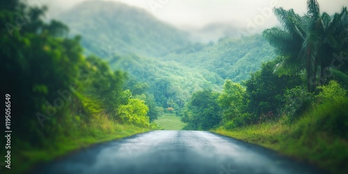 Solitary rural road winding through lush green hills and tropical trees, with soft focus effect and ample copyspace for background use photo