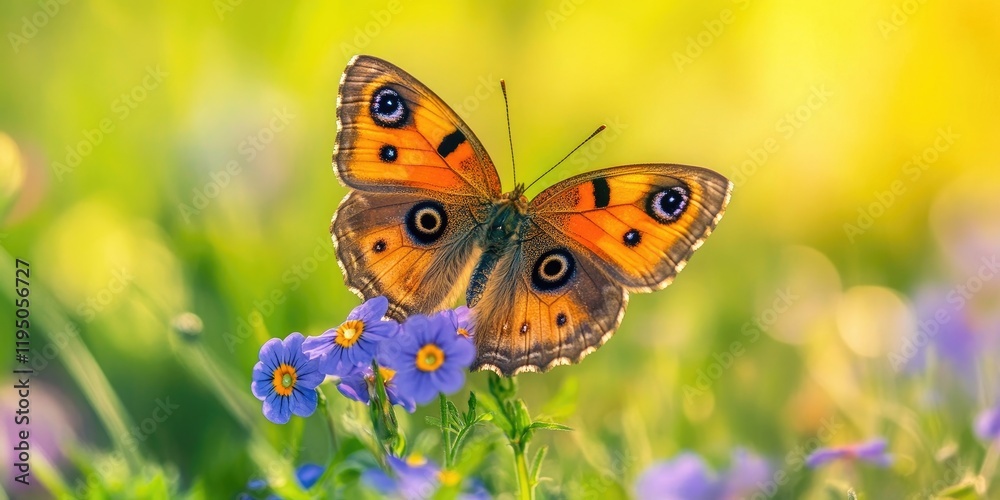 Obraz premium Vivid orange and brown butterfly with black eyes perched on violet flowers in a sunlit meadow with soft green grass in the background