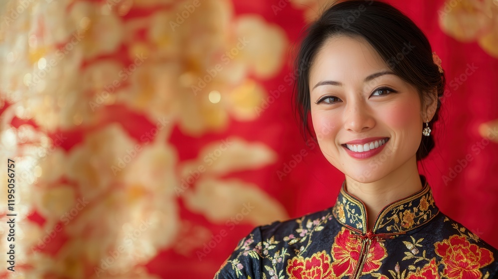 A woman in a cheongsam embroidered with delicate peony flowers smiles warmly. The background of flowing red silk and gold accents adds a festive atmosphere, A woman in a cheongsam embroidered with delicate peony flowers smiles warmly. The background of flowing red silk and gold accents adds a festive atmosphere,