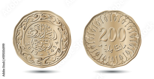 Tunisia 200 millim vector coin on white isolated background. Reverse and obverse of Tunisia two hundred millim coin. Vector illustration.