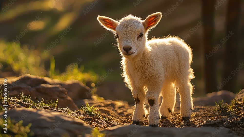A small white goat standing on rocky terrain warm sunlight. Young animal, nature, farm life, mountain goat, innocent expression, wildlife, natural habitat, countryside, morning light. Generative AI.