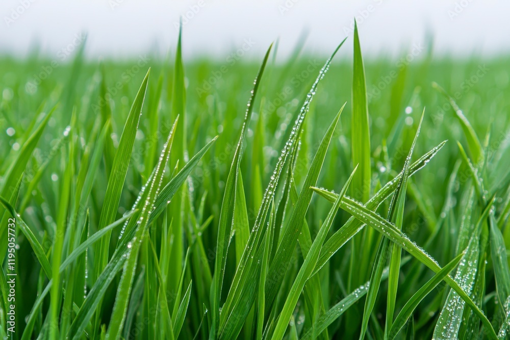 Obraz premium Morning Light Illuminates Fresh Green Grass with Dewdrops in a Serene Landscape, Capturing the Tranquility of Nature's Awakening in Early Hours