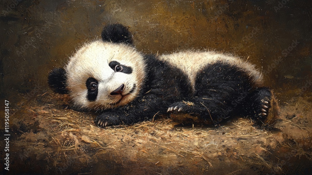 Fototapeta premium Adorable baby panda lying on the ground with glowing golden light. Warm atmosphere, wildlife, nature, innocence, bamboo forest theme, and soft details. Generative AI.