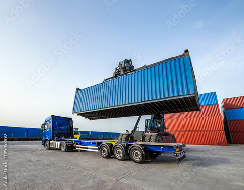 A blue semi truck is pulling a blue container