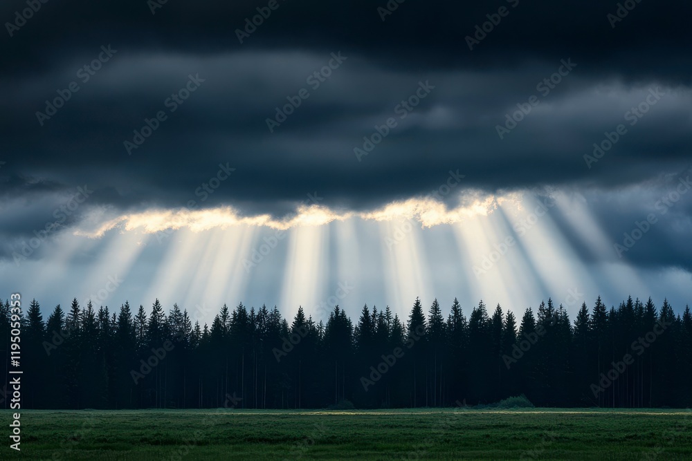 Sunlight Beams Breaking Through Dark Stormy Clouds Over a Misty Forest Landscape with Lush Green Fields Below and Atmospheric Dramatic Sky Sunlight Beams Breaking Through Dark Stormy Clouds Over a Misty Forest Landscape with Lush Green Fields Below and Atmospheric Dramatic Sky