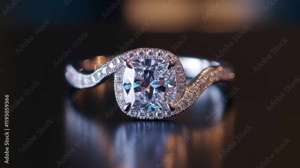 Fototapeta premium A beautiful diamond ring with a cushion-cut stone and a twisted band is set on a dark background, enhancing its unique design.