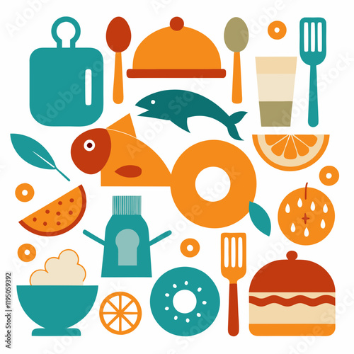 A collage of vintage-style food and restaurant icons, including seafood, bakery items, and cooking utensils