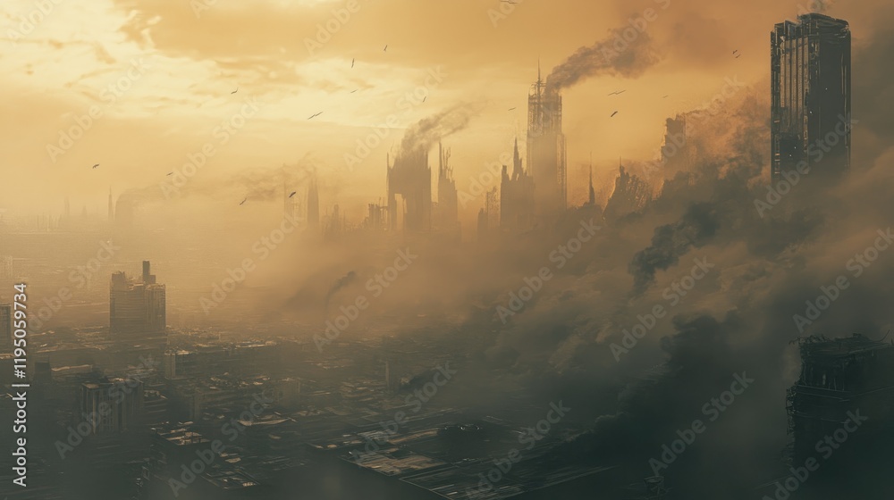 Naklejka premium Thick smog and industrial waste fill the sky over a city, symbolizing environmental pollution and the growing threat of global warming.