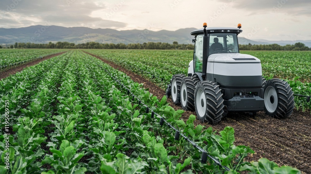 Autonomous Tractor in Agricultural Field: Modern Farming Concept with High Technology and Advanced Machinery Efficiency in Action Amidst Lush Green Crops Autonomous Tractor in Agricultural Field: Modern Farming Concept with High Technology and Advanced Machinery Efficiency in Action Amidst Lush Green Crops