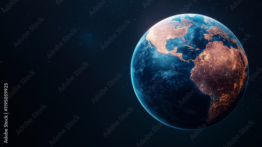 Fototapeta premium Luminous 3D Globe Showcasing Continents in High Fidelity with Gigapixel Detail Against a Dark Cosmic Background for Stunning Visual Presentation