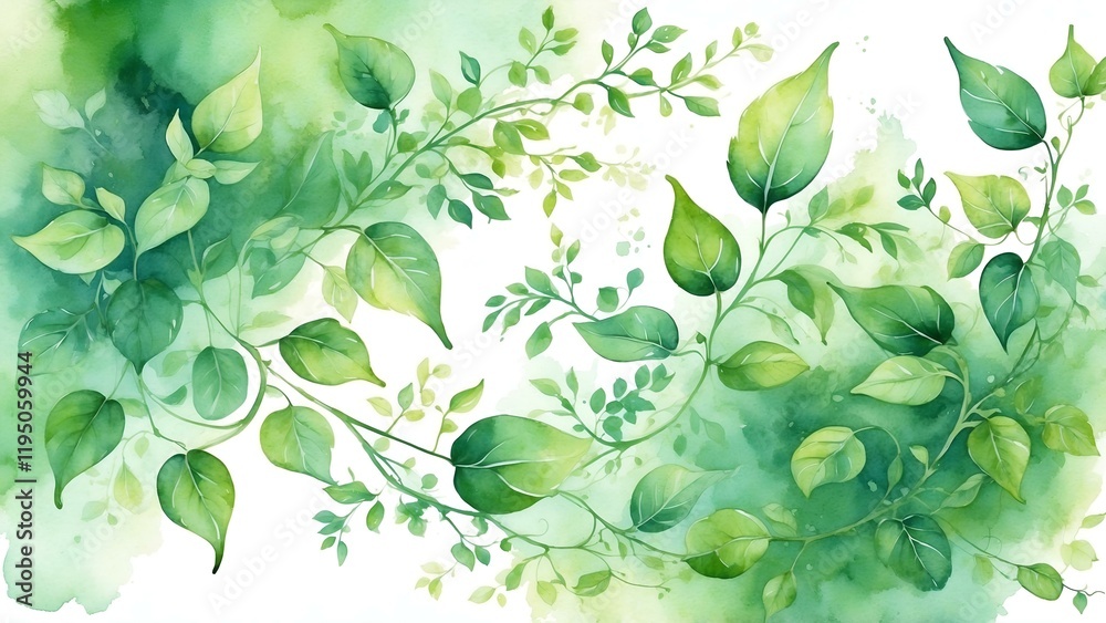 Obraz premium Watercolor green leaves and vines design for Earth Day and eco-friendly themes