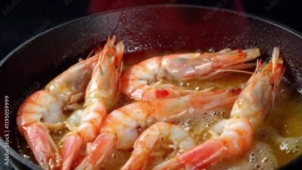 Shrimp tossed flames curl vivid close-up or Seafood glistens intense fire backdrop cooking scene Shrimp tossed flames curl vivid close-up or Seafood glistens intense fire backdrop cooking scene