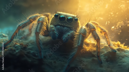 A close up view of a jumping spider with its distinctive four large eyes and hairy legs