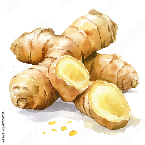 A watercolor vector painting of a fresh ginger root with slices, isolated on a white background.

