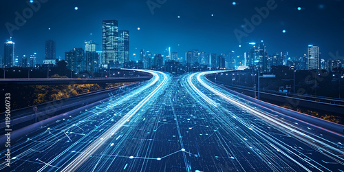 Digital Highway: A futuristic cityscape at night, with glowing digital circuitry lines flowing across a highway that splits into two paths.