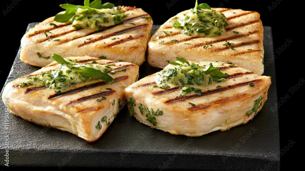 Grilled fish steaks served with herb butter on a stone platter in a modern kitchen setting Grilled fish steaks served with herb butter on a stone platter in a modern kitchen setting