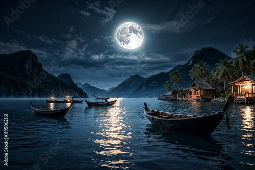 Serene scene of night landscape of fishing boats anchored near shore, asian sea moonlight scenery. Boats are moored at asia fishing village, nighttime. Tourist destination concept. Copy ad text space photo