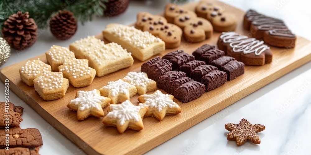 Assorted Christmas cookies displayed on a wooden board with white table background featuring green pine branches and pine cones in the scene. Assorted Christmas cookies displayed on a wooden board with white table background featuring green pine branches and pine cones in the scene.