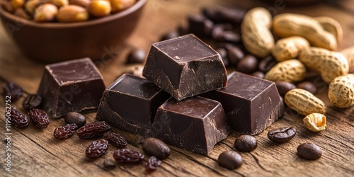 Dark chocolate cubes stacked on wooden table with roasted coffee beans peanuts and raisins in soft focus earthy tones creating a rich texture vibe