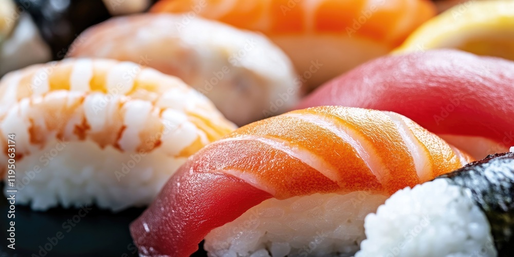 Assorted sushi pieces arranged artfully on a dark plate with vibrant colors of orange, pink, and white showcasing Japanese cuisine details. Assorted sushi pieces arranged artfully on a dark plate with vibrant colors of orange, pink, and white showcasing Japanese cuisine details.