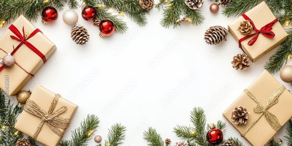 custom made wallpaper toronto digitalTop view of festive Christmas decor with wrapped gift boxes in gold and red, pine cones, fir branches, and ornaments on a white background