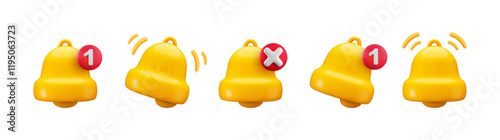 Vector cartoon 3d notification bell set. Cute realistic render of yellow ringing bell, red circle bubble with number, red cross sign. Incoming inbox message, unread mail reminder 3d icon collection.