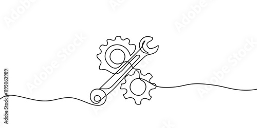 Continuous line drawing of wrench with gears. One line of mechnical wrench. Worker tool concept continuous line art