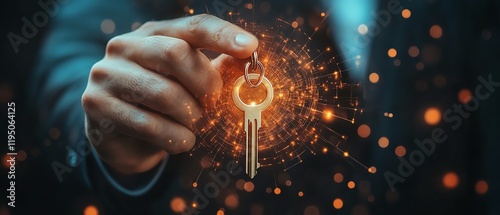 Businessman unlocking key to business solutions, financial vision, 3D background of opportunity achievement, security access strategy, and goal development