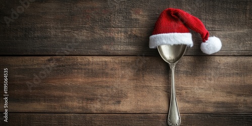 Christmas themed flat lay image featuring a silver spoon wearing a red Santa hat on a rustic wooden background with ample copy space on the left photo