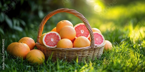 Basket filled with ripe grapefruits in sunlight on soft green grass with vibrant garden backdrop showcasing fresh summer fruits and nature. photo