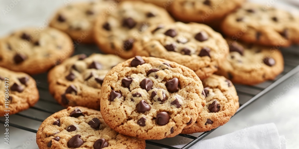 Freshly baked chocolate chip cookies on a cooling rack against a light marble background with golden brown tones and dark chocolate chips visible. Freshly baked chocolate chip cookies on a cooling rack against a light marble background with golden brown tones and dark chocolate chips visible.