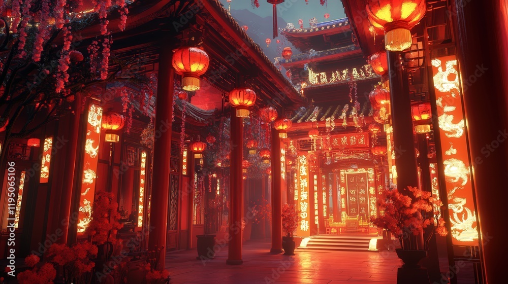 The Chinese temple is immersed in the festive spirit of Chinese New Year. Bright red lanterns hang from every corner,