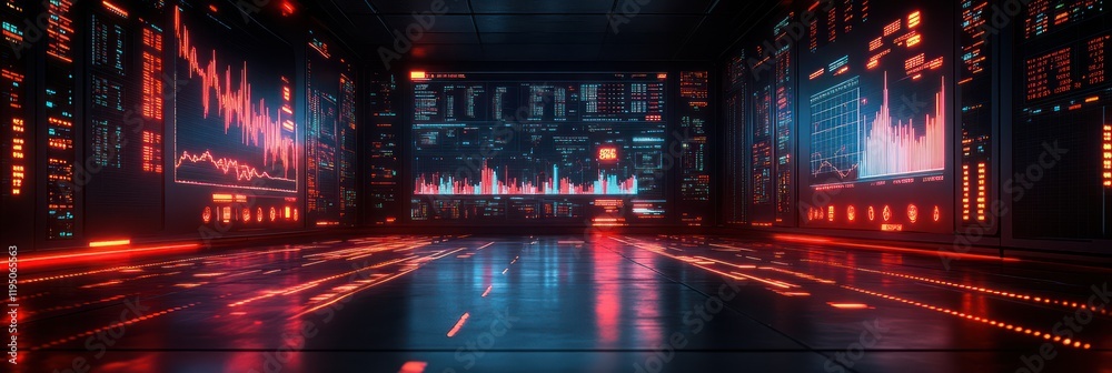 Fototapeta premium Futuristic Data Center: Neon Glow and Stock Market Visualization