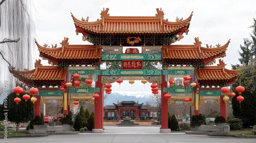 The Chinese temple stands proud, celebrating the Chinese New Year with decorations of red, gold, and green. The Chinese temple stands proud, celebrating the Chinese New Year with decorations of red, gold, and green.