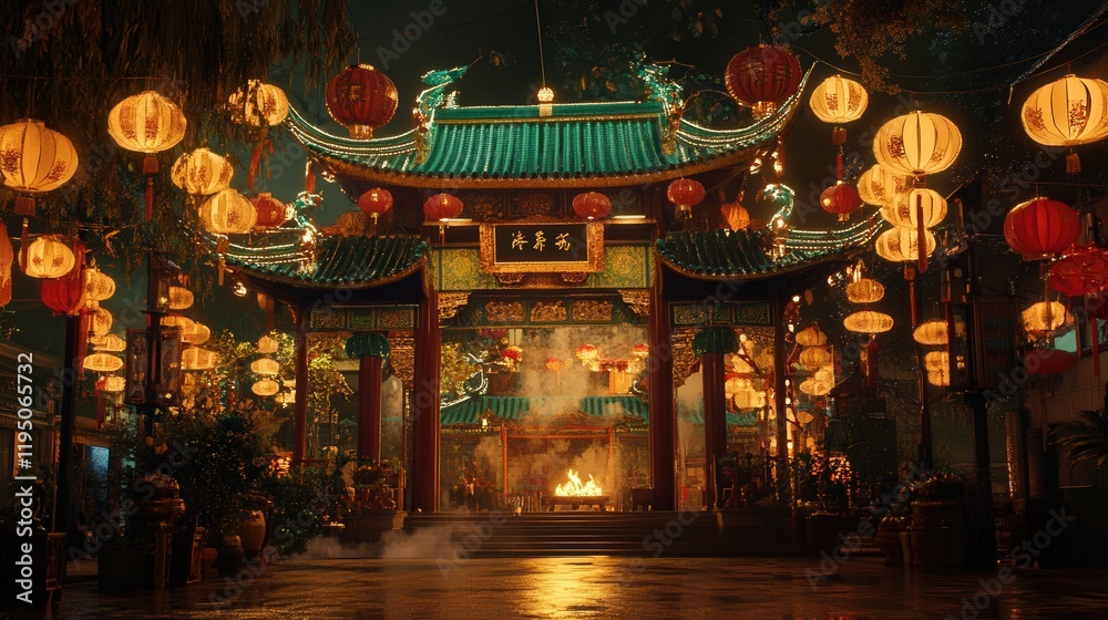 The Chinese temple stands proud, celebrating the Chinese New Year with decorations of red, gold, and green. The Chinese temple stands proud, celebrating the Chinese New Year with decorations of red, gold, and green.