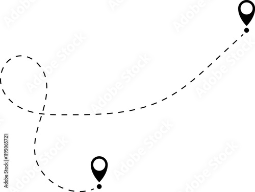 Route icon - two points with dotted path and location pin. Route location icon two pin sign and dotted line. Love travel route.. Travel from start point and dotted line tracing.