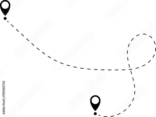 Route icon - two points with dotted path and location pin. Route location icon two pin sign and dotted line. Love travel route.. Travel from start point and dotted line tracing.