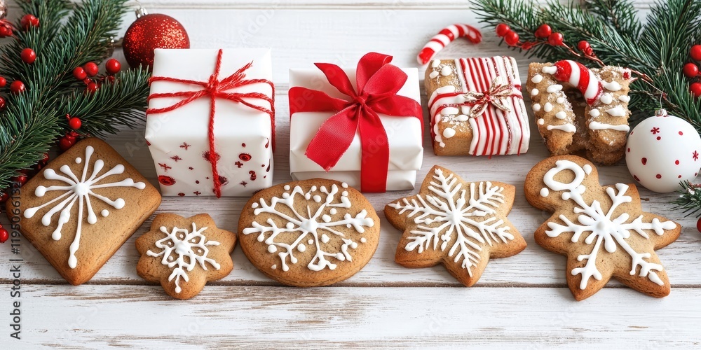 Christmas themed arrangement of gingerbread cookies and wrapped presents with red ribbons on a white wooden backdrop surrounded by evergreen branches